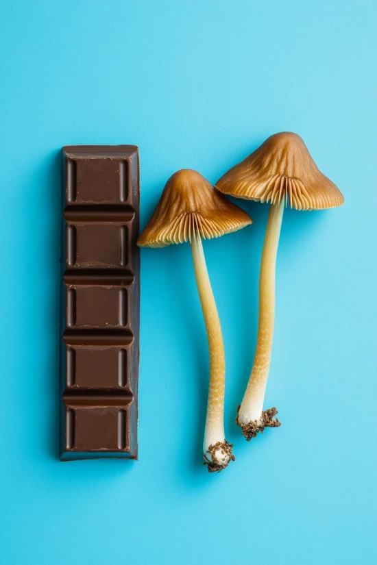 Magic mushroom chocolate bar and two mushrooms on blue background