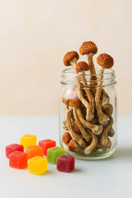 Glass jar filled with dried magic mushrooms next to colorful mushroom gummy cubes on a light background.
