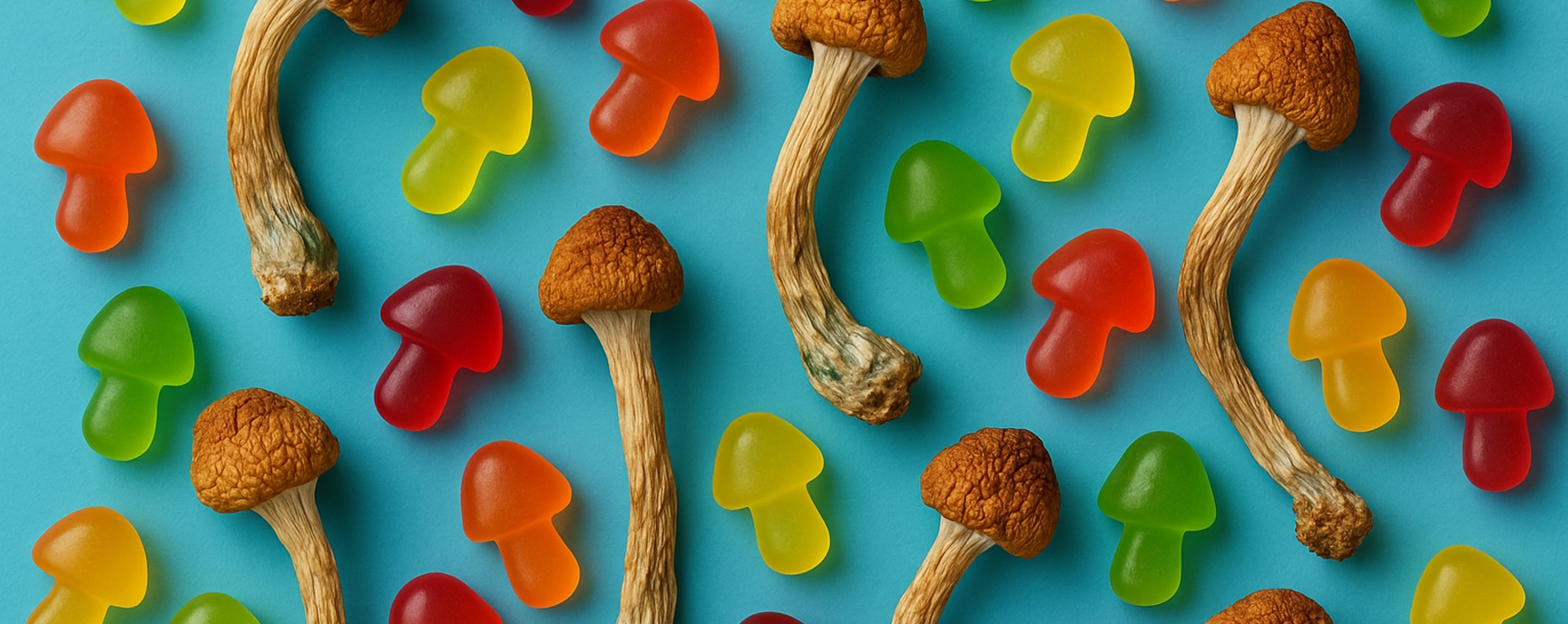 Colorful mushroom gummies and dried magic mushrooms scattered on a blue surface.