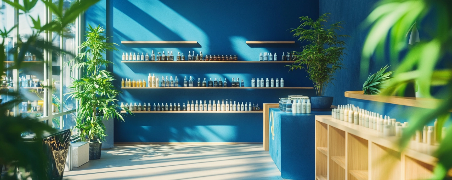 Online CBD shop with blue walls, natural light, and product displays.