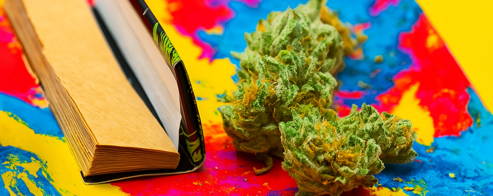 Rolling paper pack and cannabis buds on colorful psychedelic tray.