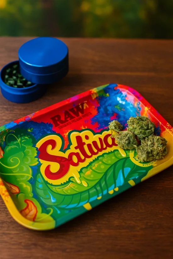 RAW Sativa-themed rolling tray with cannabis buds and grinder on wooden surface.