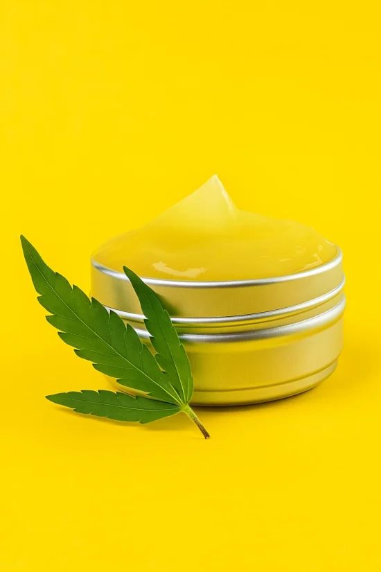 THC cream in metal jar with cannabis leaf on yellow background