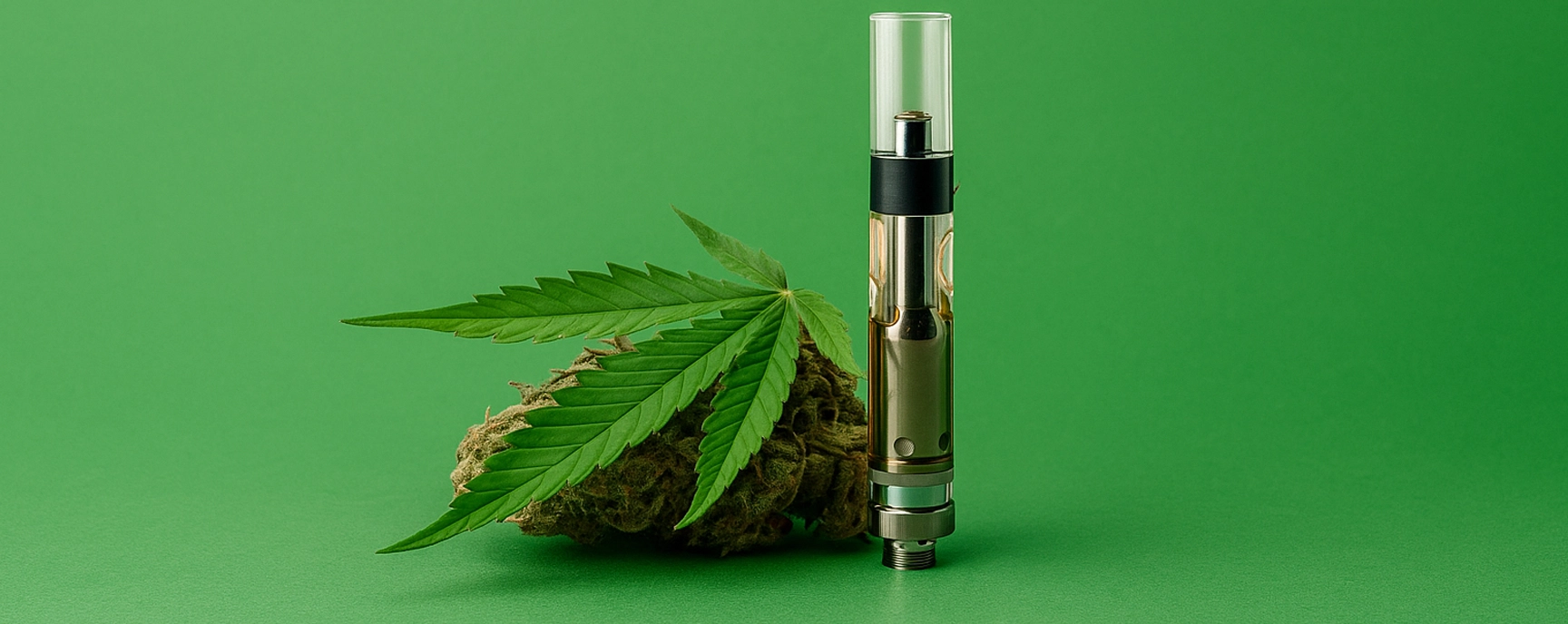 THC vape pen Canada cartridge with cannabis leaf and bud on green background