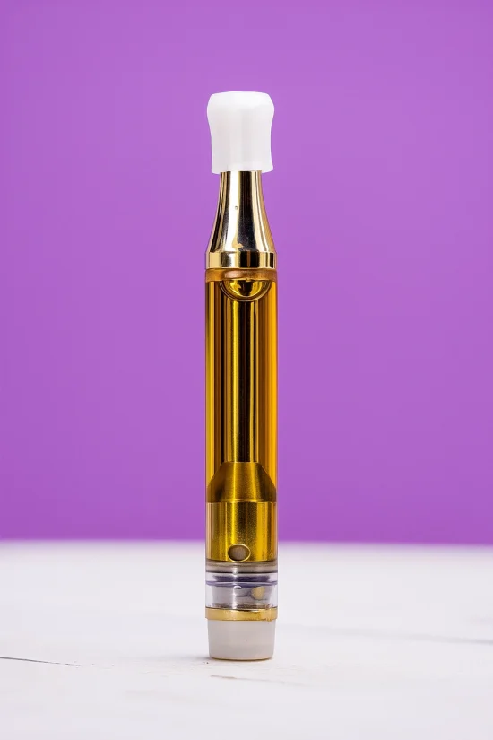 Gold THC vape pen Canada cartridge standing on white surface with purple background
