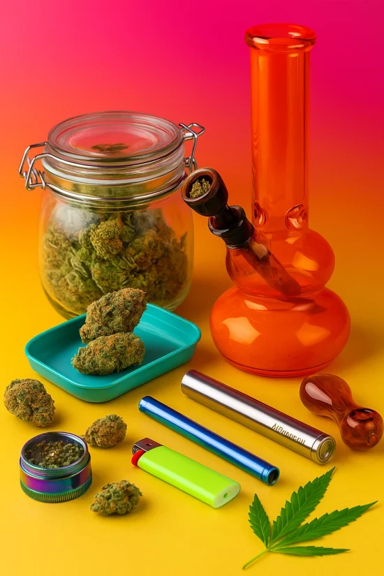 Colorful vertical image showcasing weed accessories like an orange bong, grinder, jar of buds, lighter, pipes, and rolling tray on a pink to yellow gradient background.
