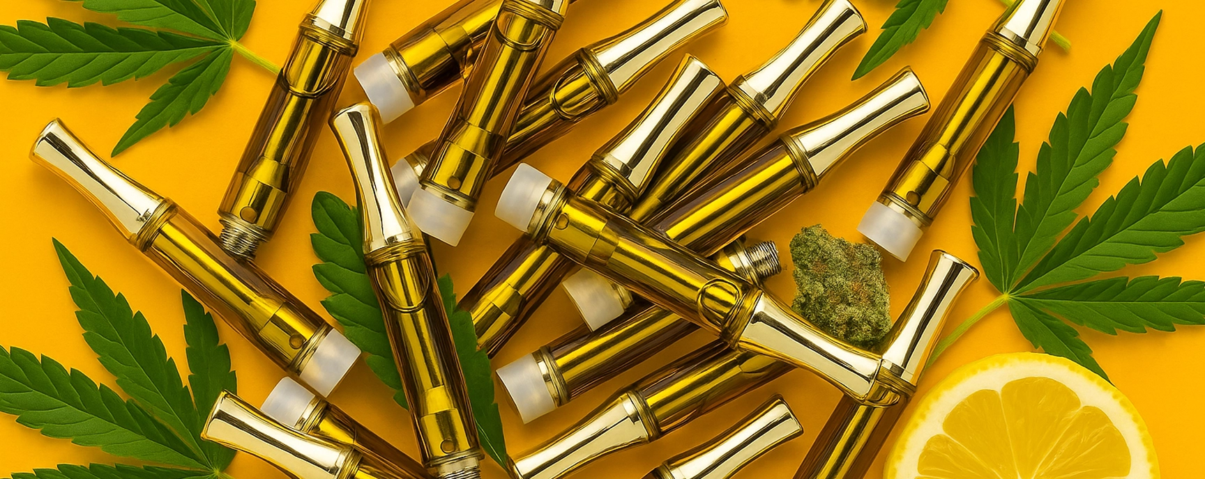 Multiple golden weed carts scattered with lemon slices and cannabis leaves