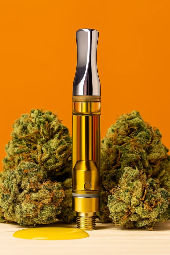 Single weed cart surrounded by cannabis buds with oil puddle on orange background