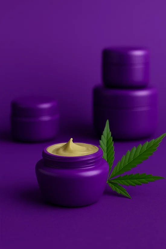 Open jar of weed cream with cannabis leaf on purple background