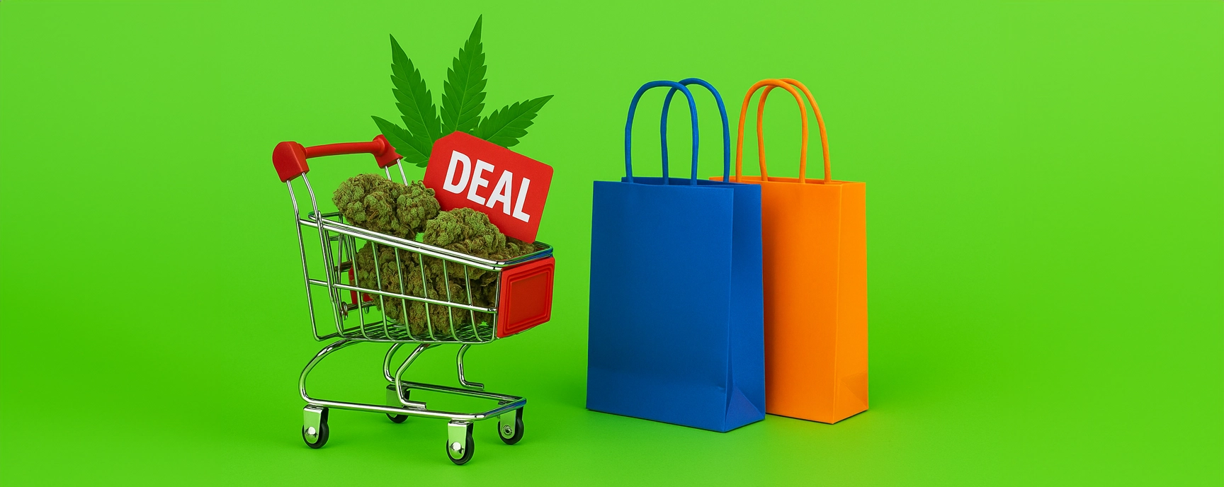 Weed deals shopping cart filled with cannabis buds, red deal sign, and colorful bags on green background
