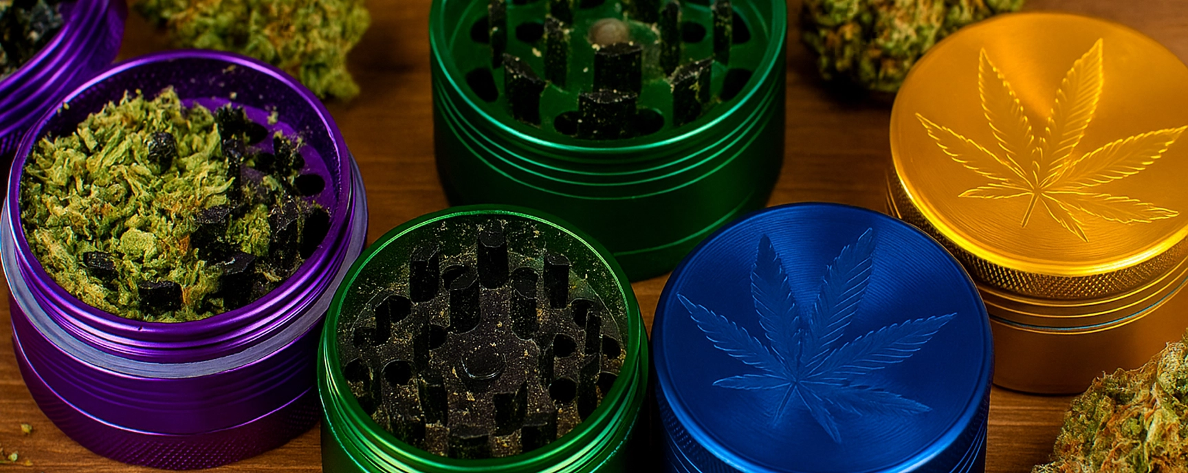 Colorful weed grinders with cannabis buds on a wooden surface