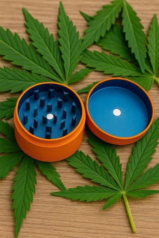 Open orange and blue weed grinder placed on cannabis leaves