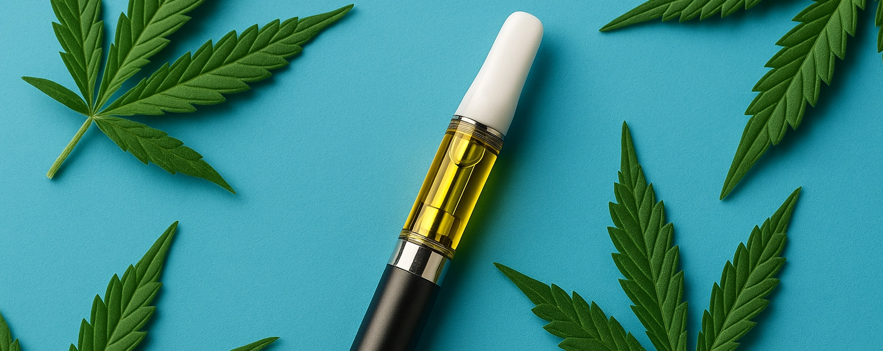 weed pen with yellow distillate surrounded by cannabis leaves on a blue background