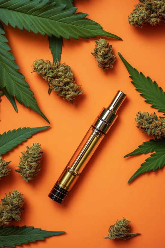weed pen with golden distillate on orange background surrounded by cannabis leaves and buds