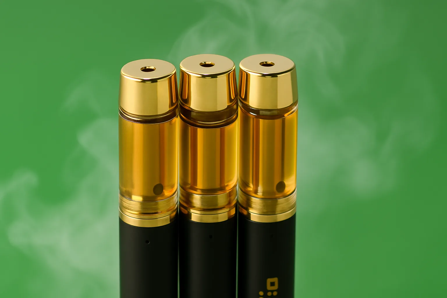 Three glass thc vape pens on green background