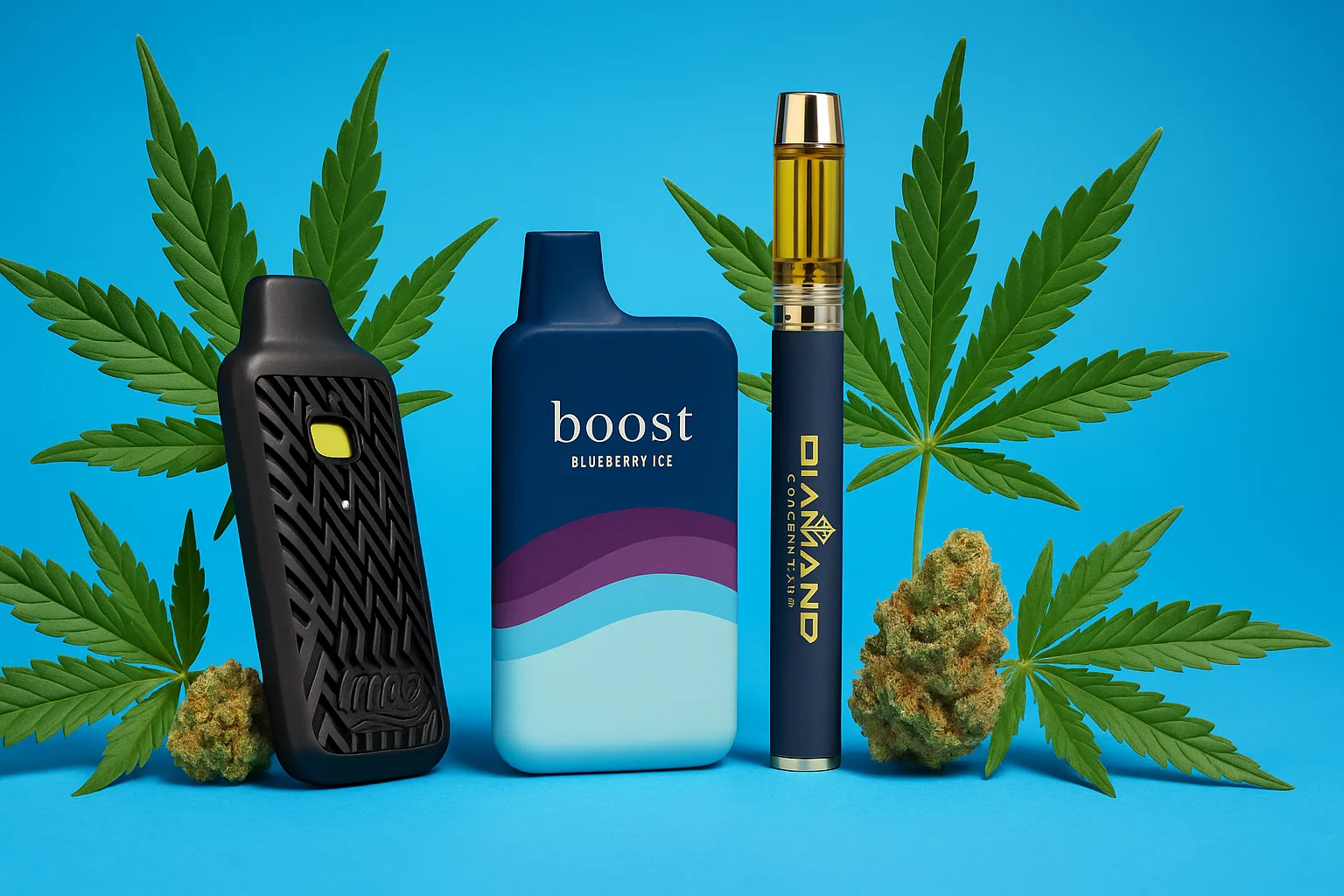 Various THC Vape Bundles on Blue Background