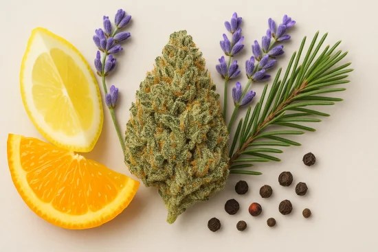 Cannabis bud surrounded by orange, lemon, lavender and pine pieces symbolizing terpenes present in cannabis plant