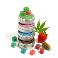 Weed Market Boost 300mg THC Gummies with cannabis leaf, cannabis bud and a strawberry